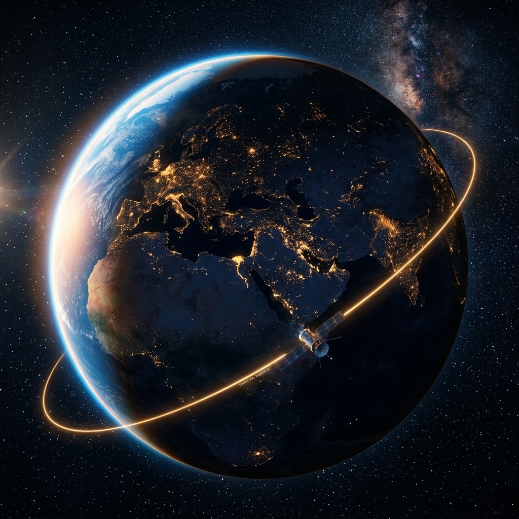 Earth from orbit with glowing satellite trajectories